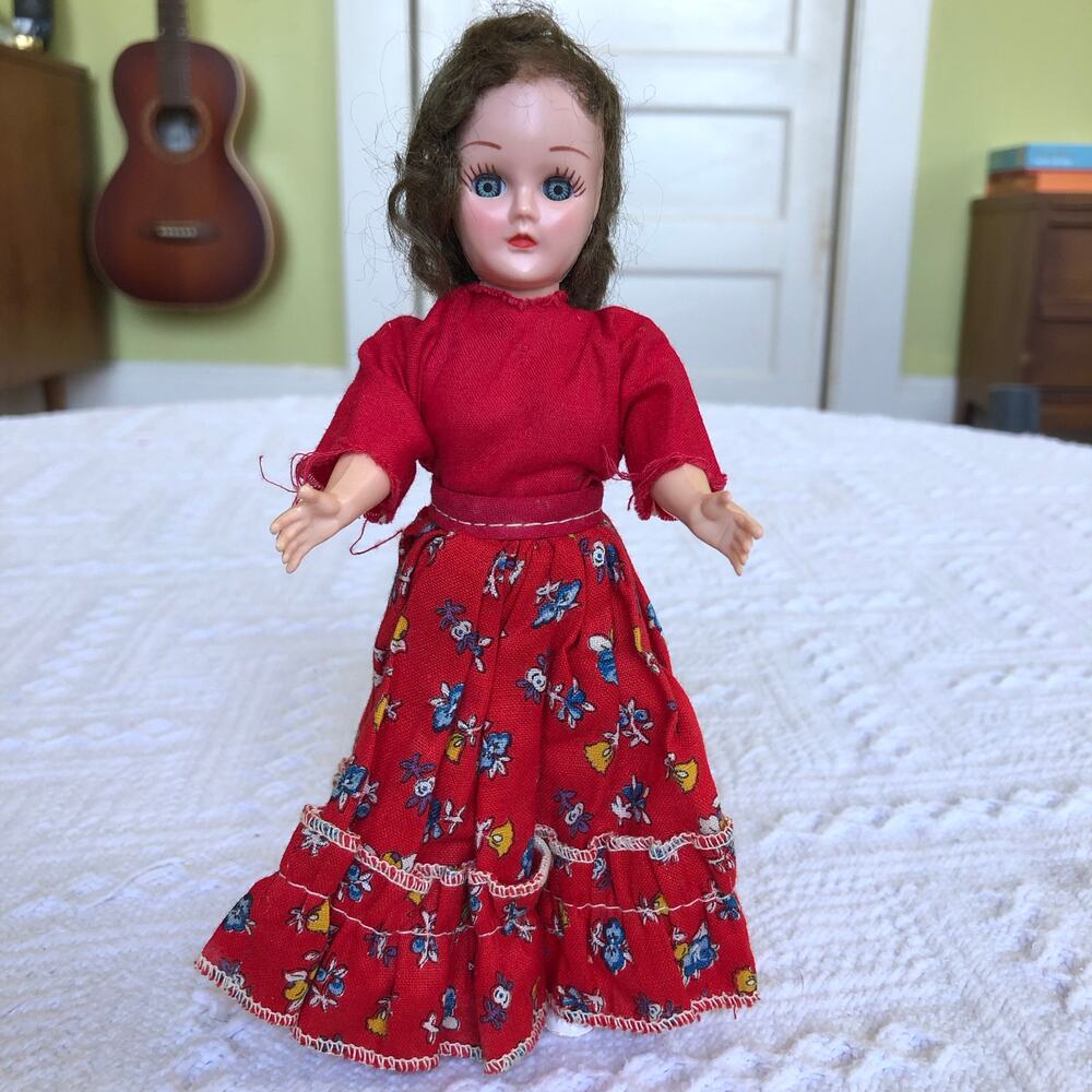 Vintage 1950s Sleep Eye Hard Plastic Doll Red Calico Dressā 7.5" Cottagecore